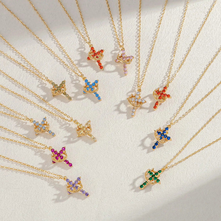 Birthstone Crown Cross Pendant Daily Necklace