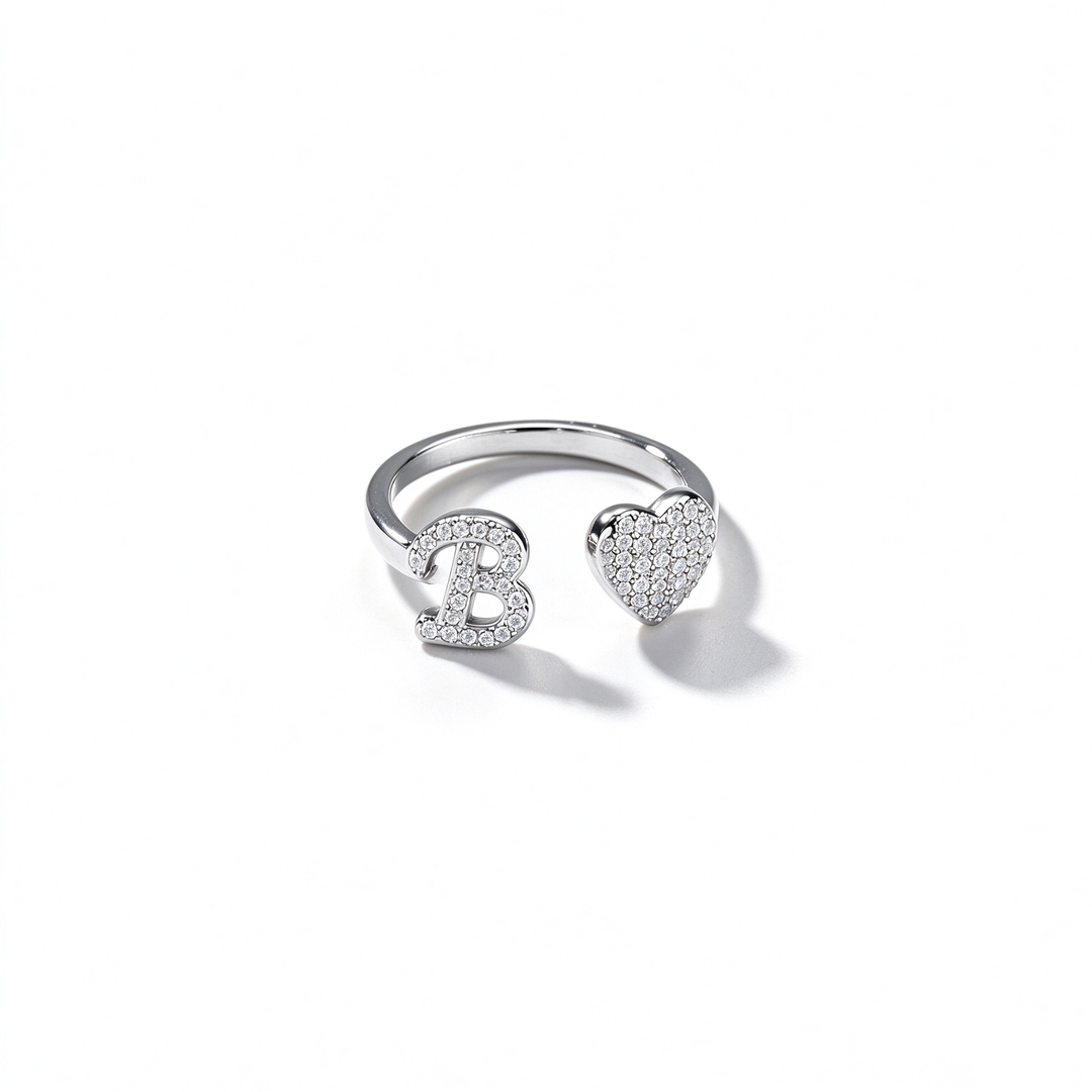 Initial Letter Heart Zircon Adjustable Open Ring