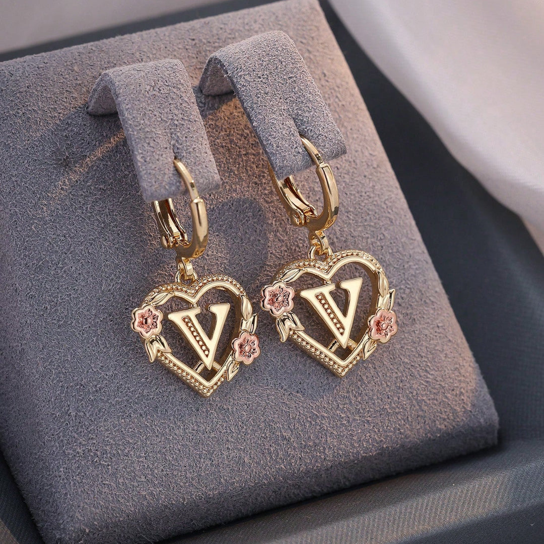 Letter Heart-Shaped Flower Earrings