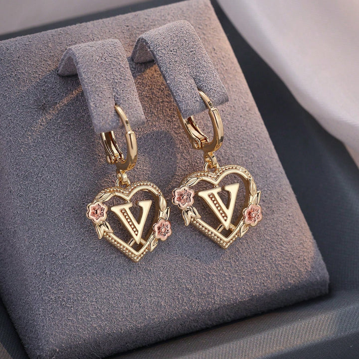 Letter Heart-Shaped Flower Earrings