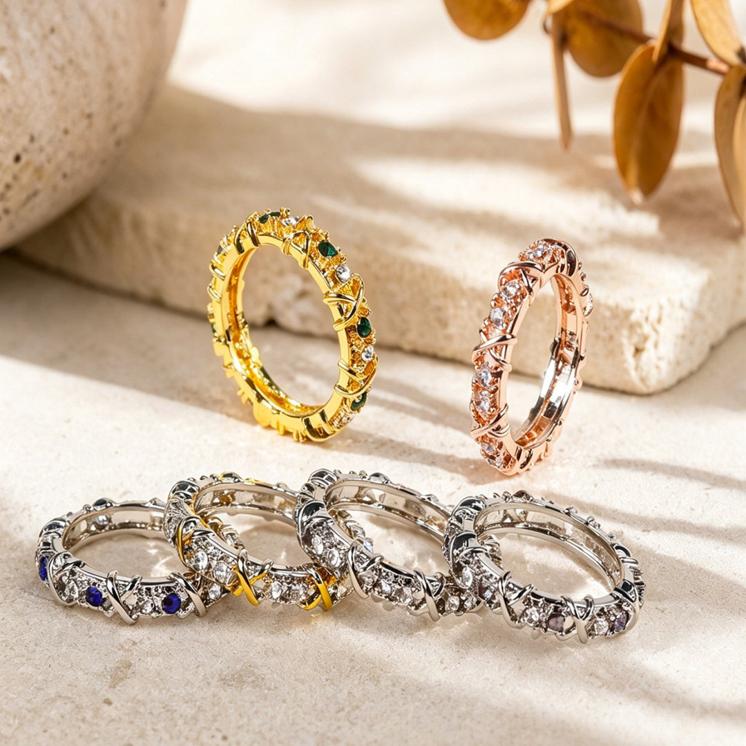 Twisted Cross Multicolored Zircon Stacking Ring