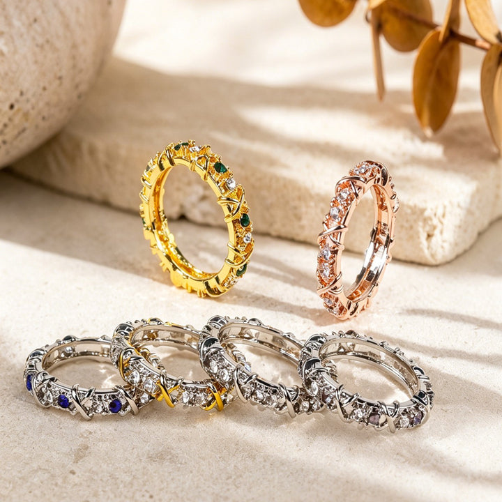 Twisted Cross Multicolored Zircon Stacking Ring