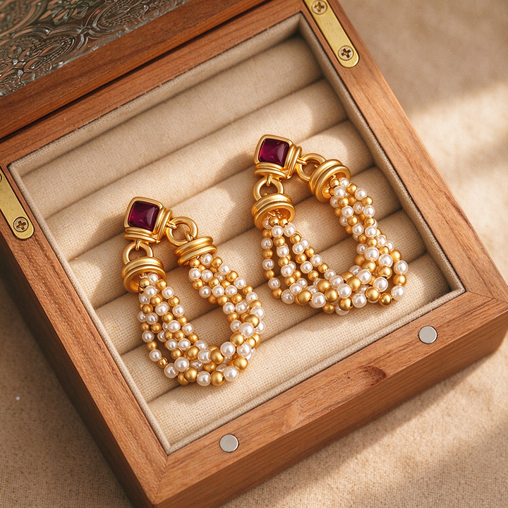 Pearl Beaded Tassel Statement Earrings