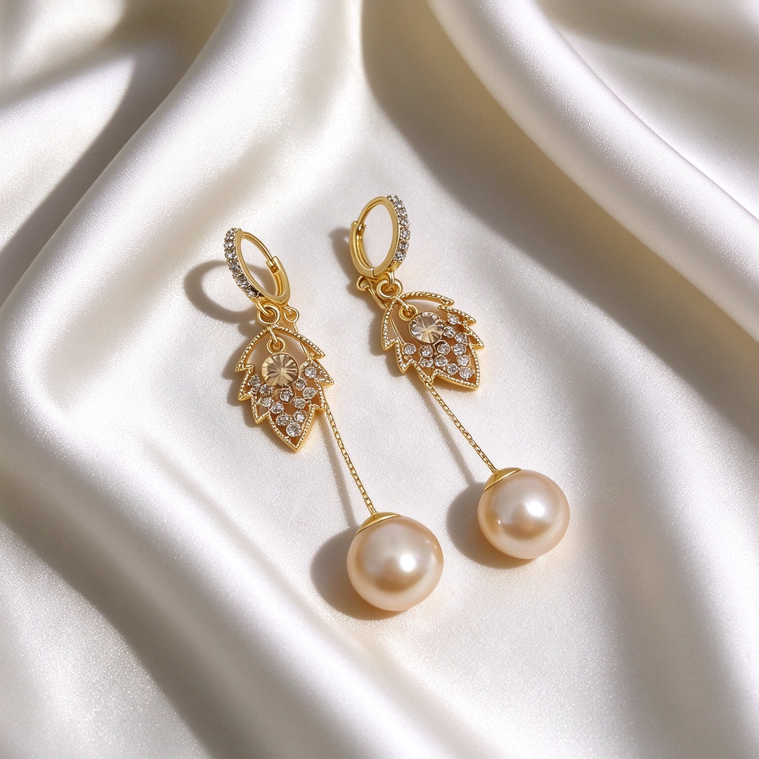 Pearl Drop Leaf Dangle Earrings