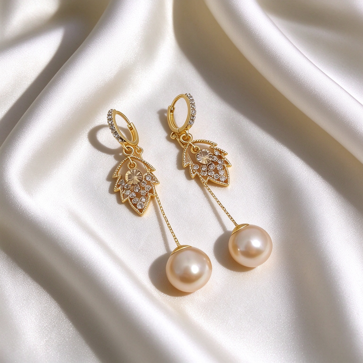 Pearl Drop Leaf Dangle Earrings