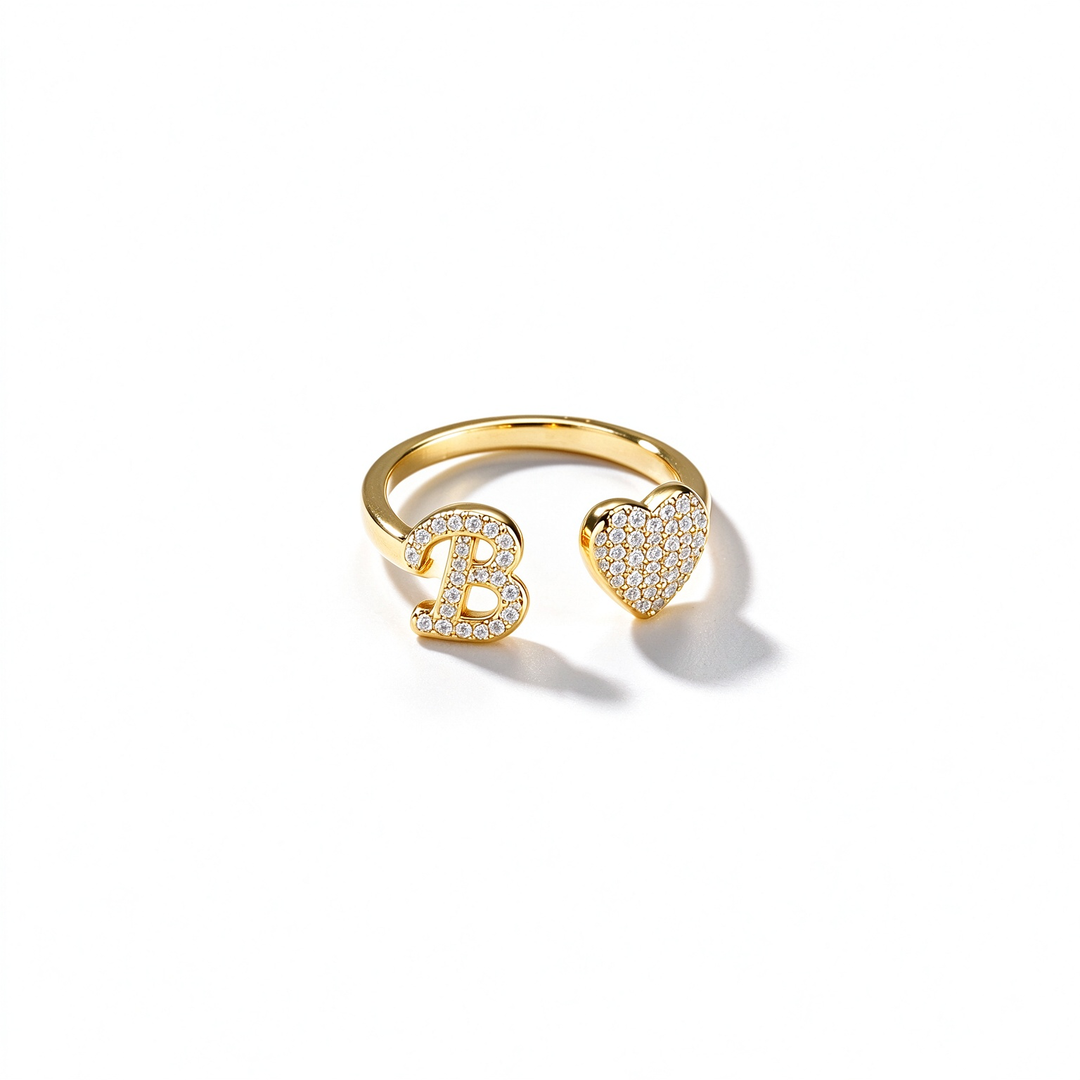 Initial Letter Heart Zircon Adjustable Open Ring