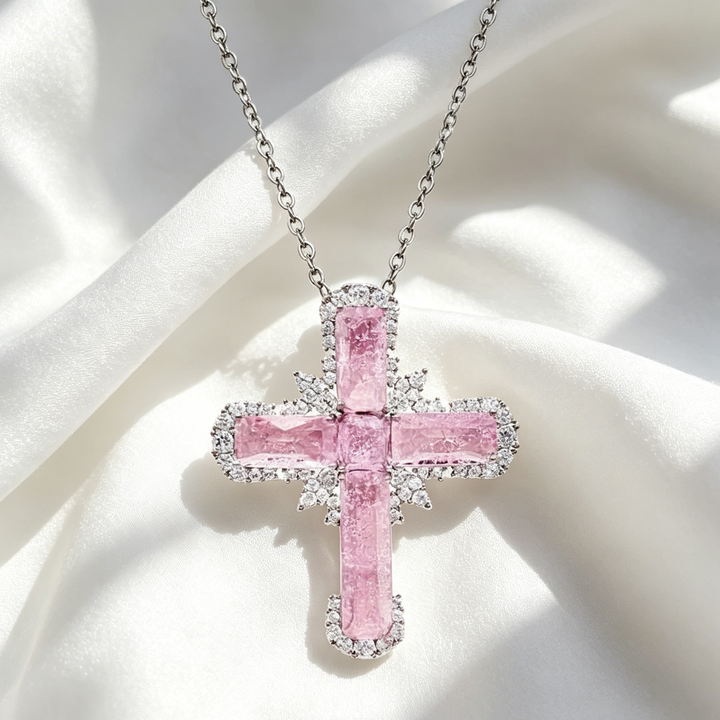 Pink Zircon Cross Pendant Necklace