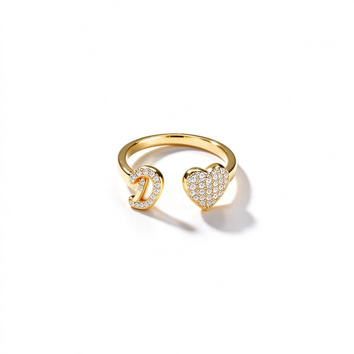 Initial Letter Heart Zircon Adjustable Open Ring