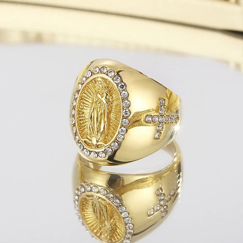 Virgin Mary Cross Statement Ring Stainless