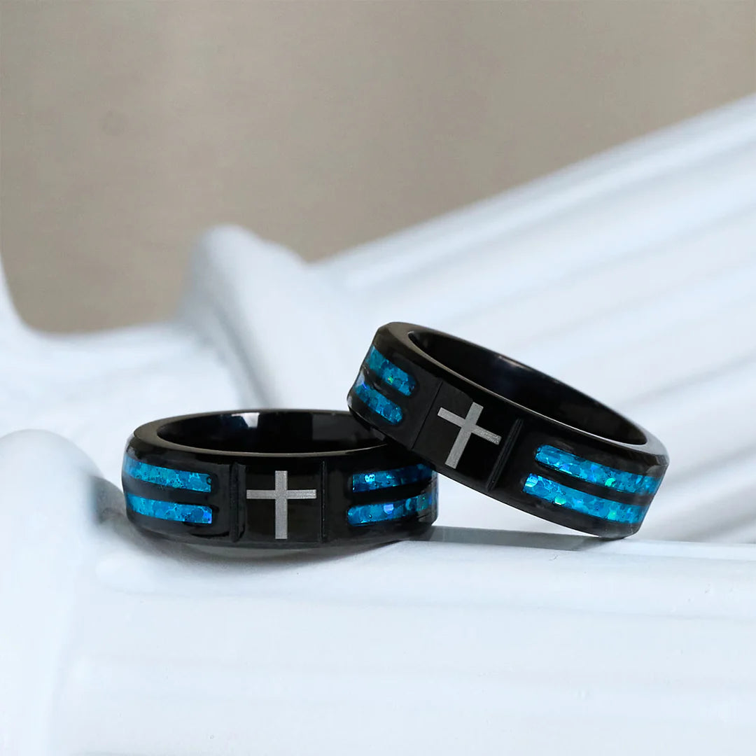 Men Cross Blue Shard Inlay Black Band Ring