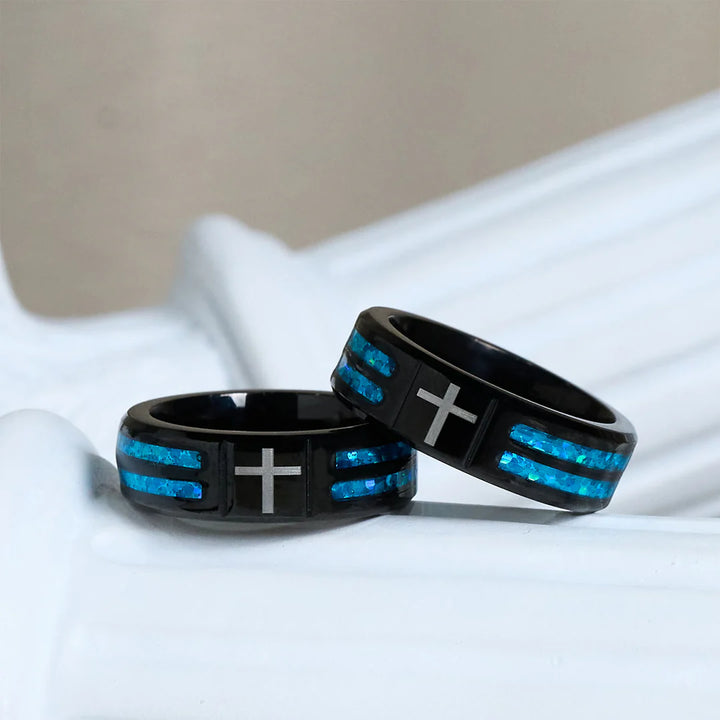 Men Cross Blue Shard Inlay Black Band Ring