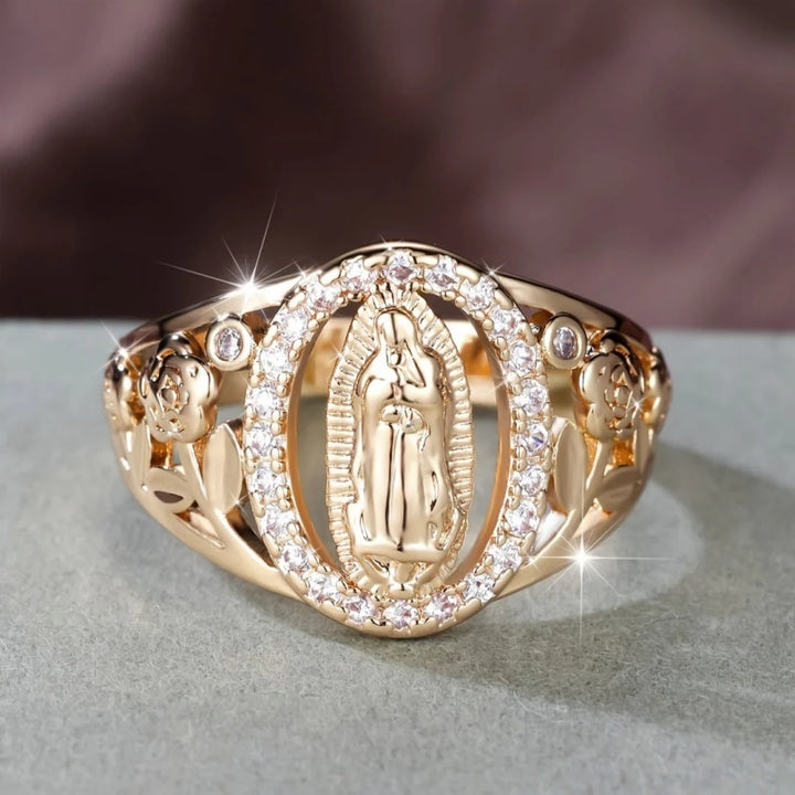 Virgin Mary Zircon Ring Floral Design