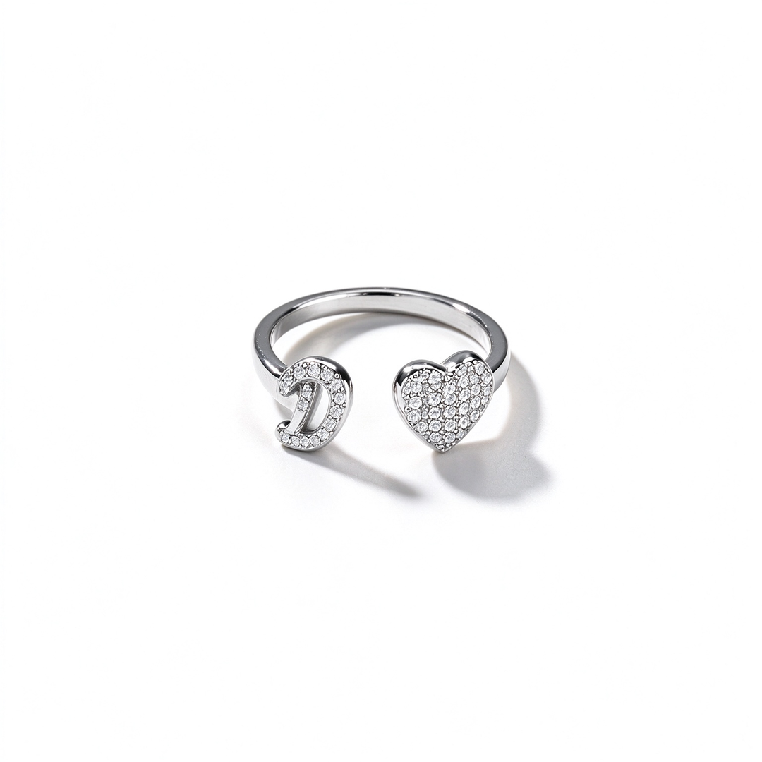 Initial Letter Heart Zircon Adjustable Open Ring