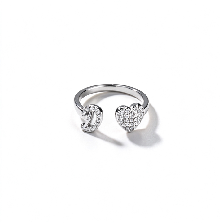 Initial Letter Heart Zircon Adjustable Open Ring