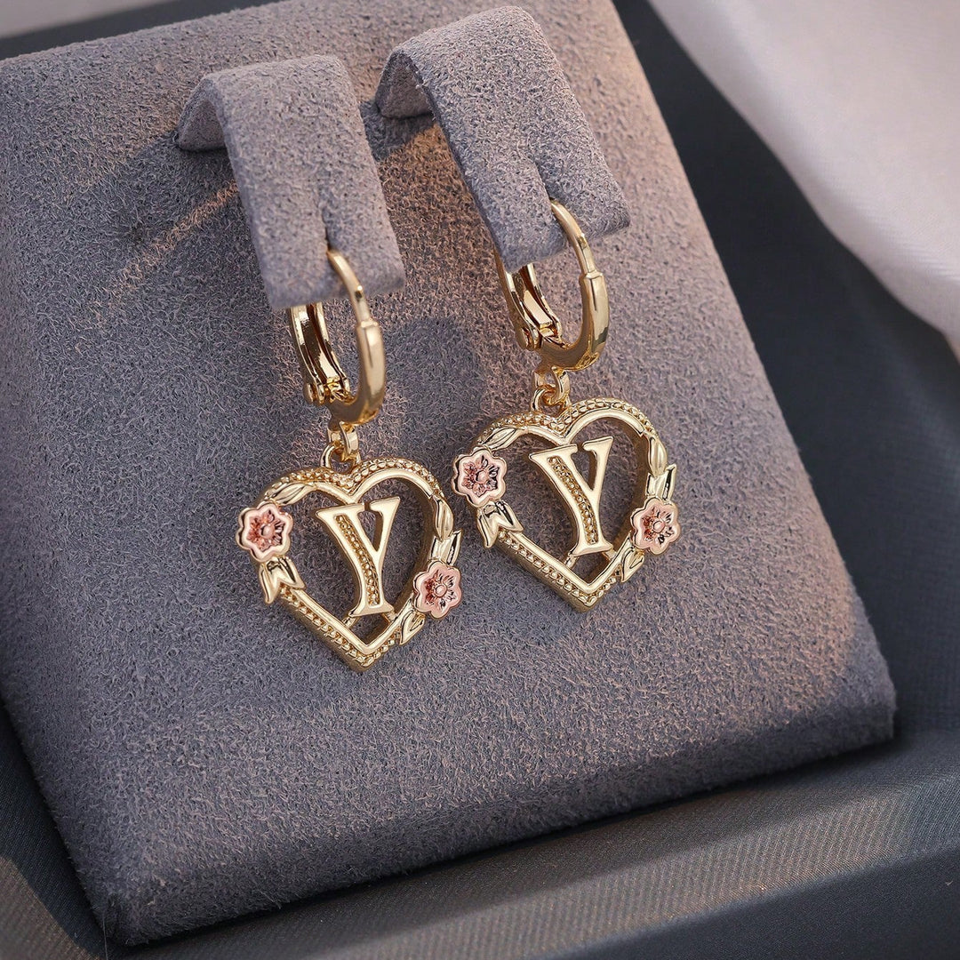 Letter Heart-Shaped Flower Earrings