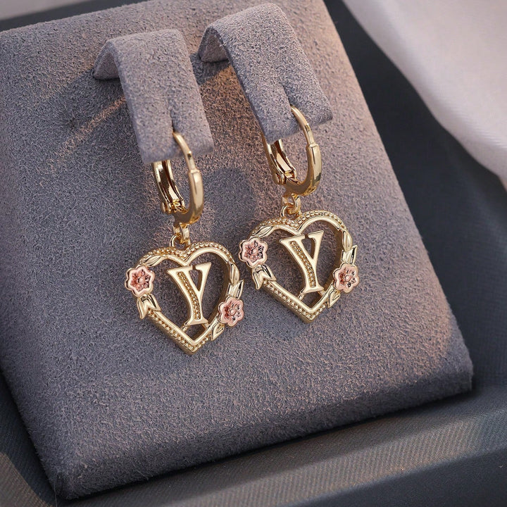 Letter Heart-Shaped Flower Earrings