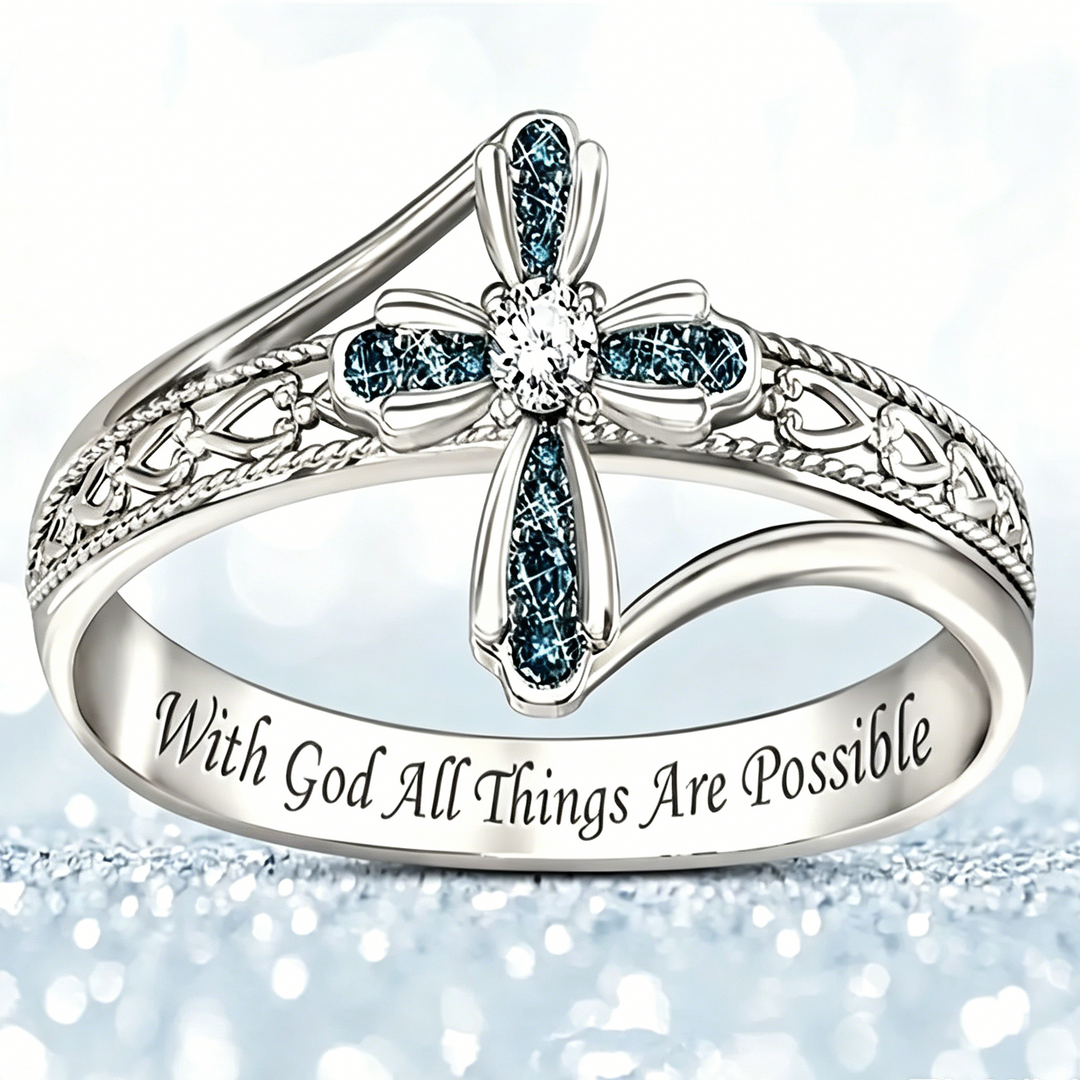 Cross Zircon Ring with Inspirational Engraving