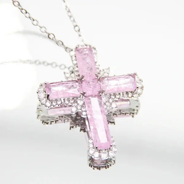 Pink Zircon Cross Pendant Necklace