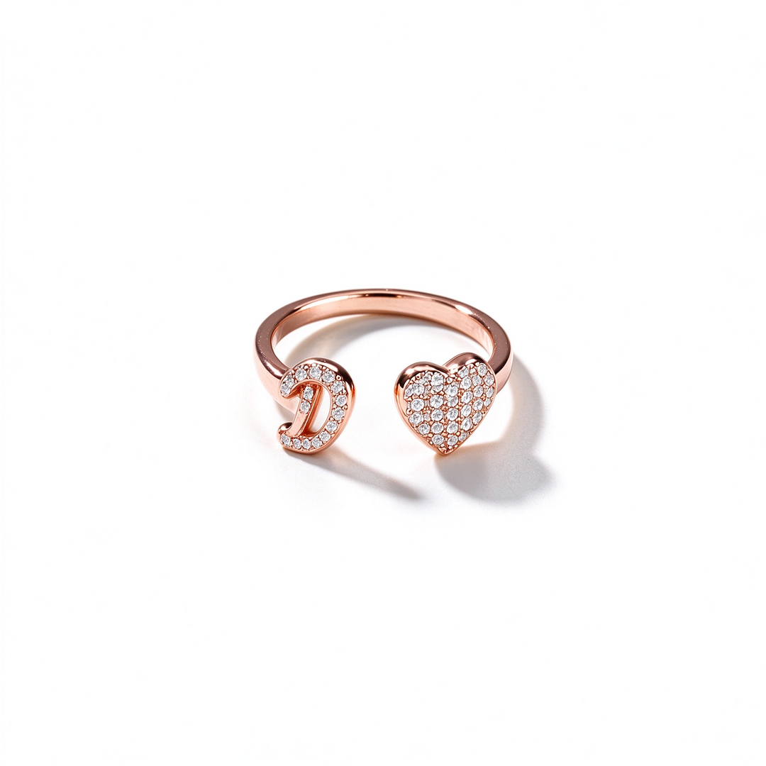 Initial Letter Heart Zircon Adjustable Open Ring