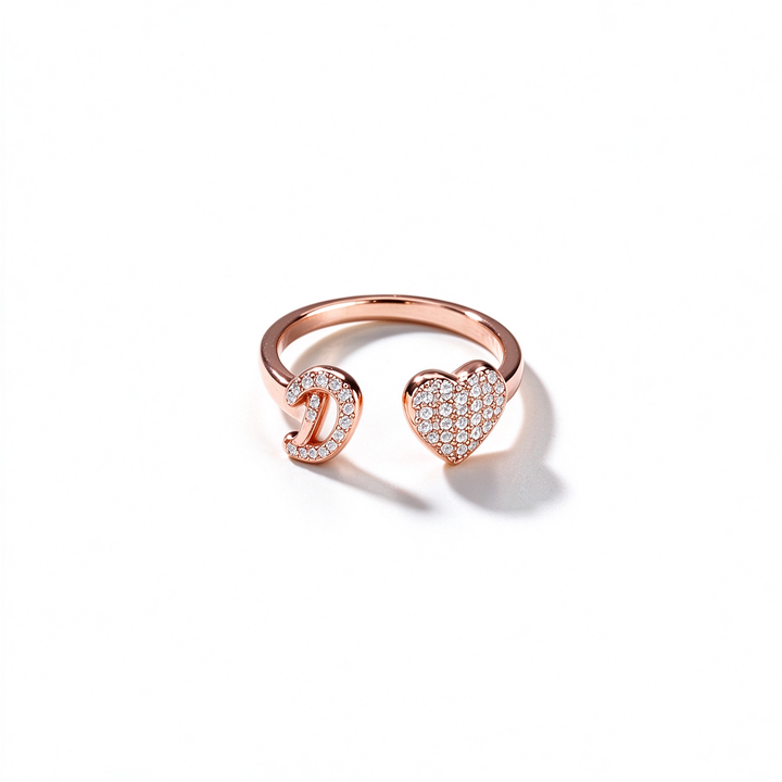 Initial Letter Heart Zircon Adjustable Open Ring