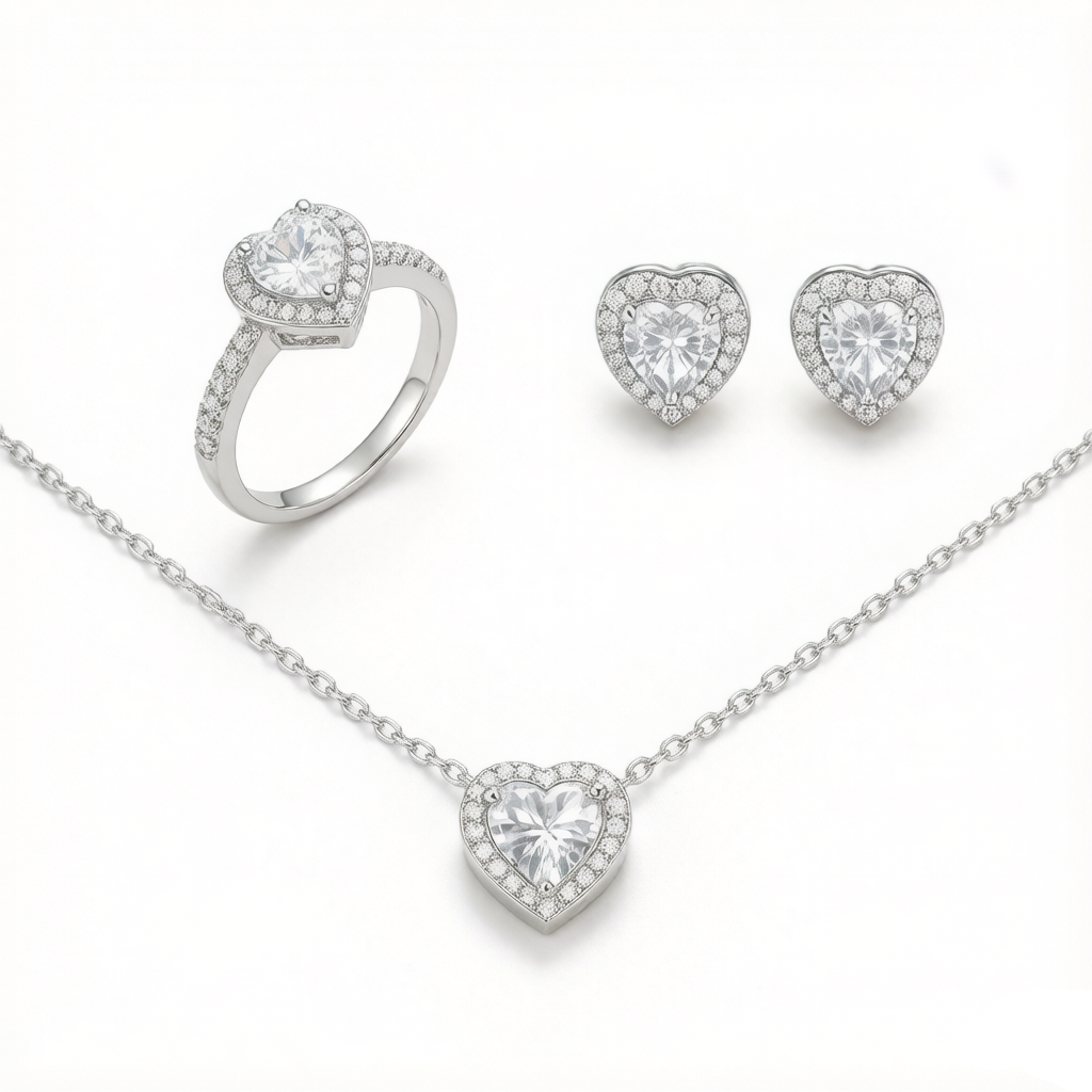 Halo Heart Zircon Matching Three Piece Jewelry Set