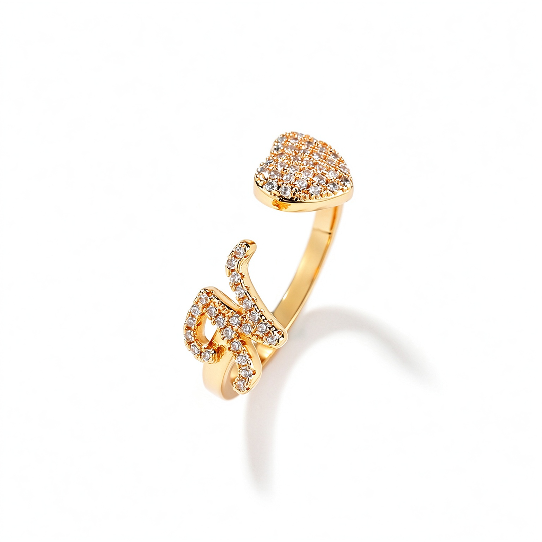 Initial Letter Heart Zircon Adjustable Open Ring