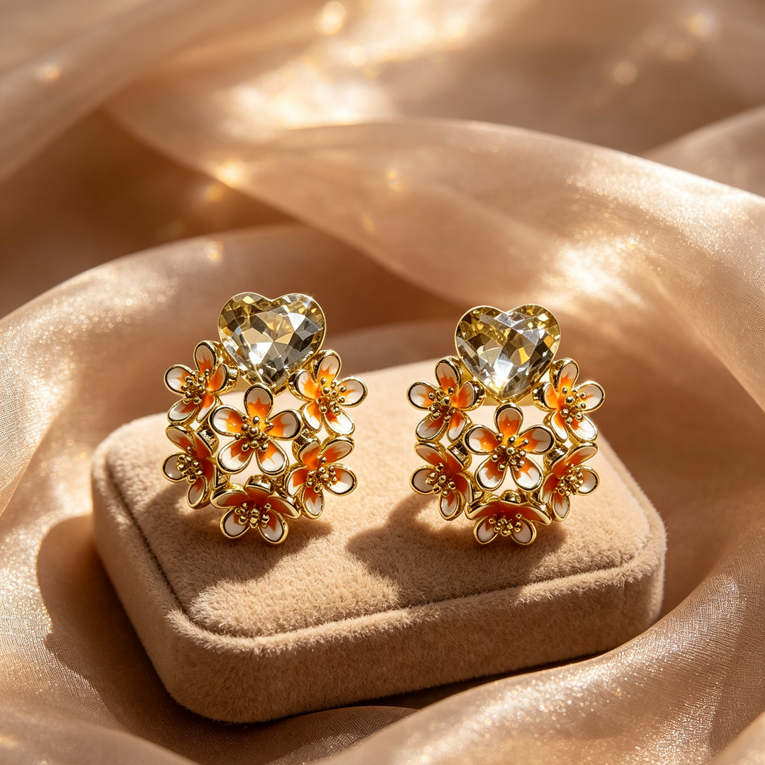 Heart Zircon Enamel Flower Stud Earrings