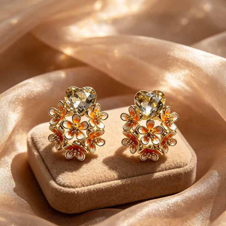 Heart Zircon Enamel Flower Stud Earrings