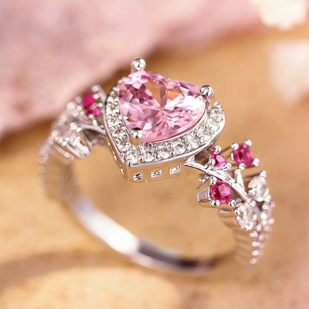 Pink Heart Zircon Floral Vine Ring