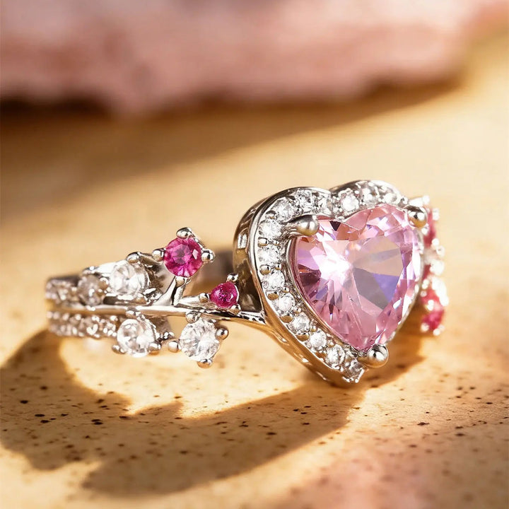 Pink Heart Zircon Floral Vine Ring