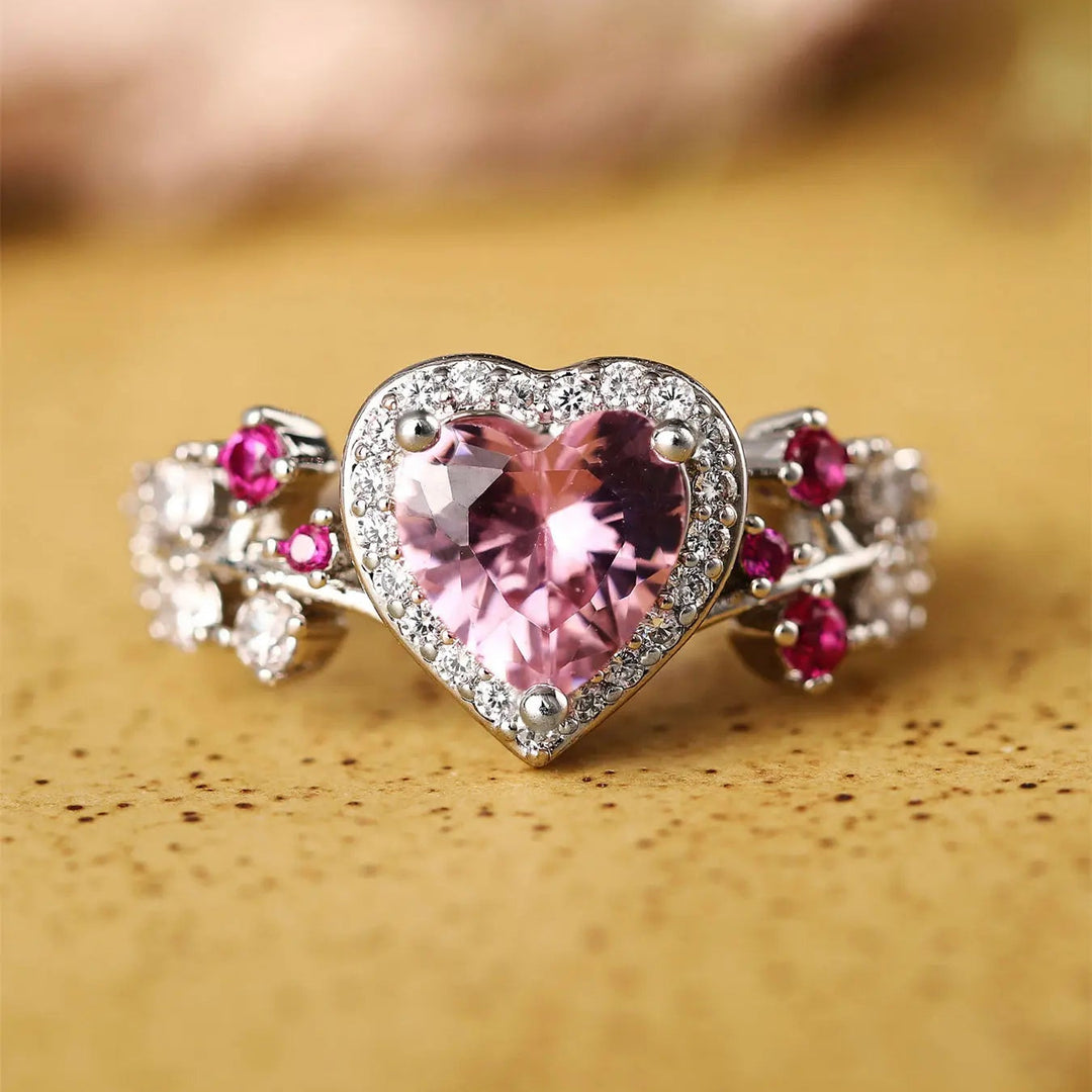 Pink Heart Zircon Floral Vine Ring