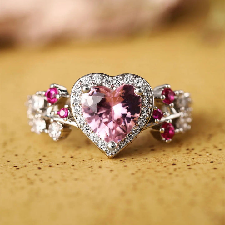Pink Heart Zircon Floral Vine Ring