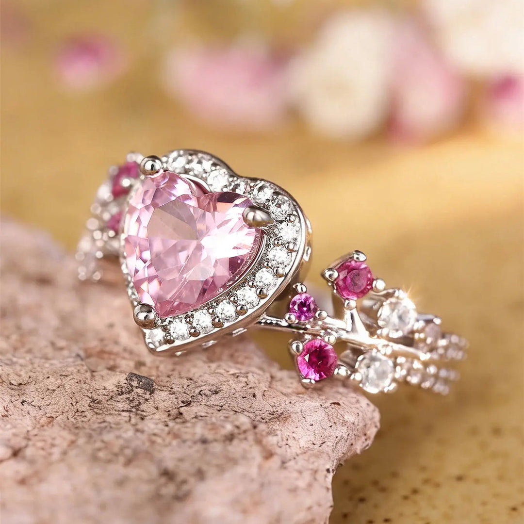 Pink Heart Zircon Floral Vine Ring