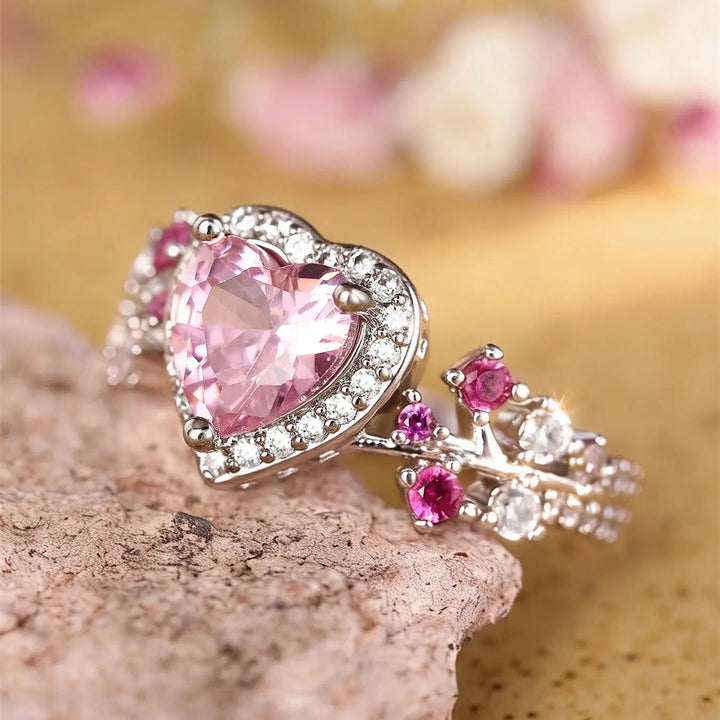 Pink Heart Zircon Floral Vine Ring
