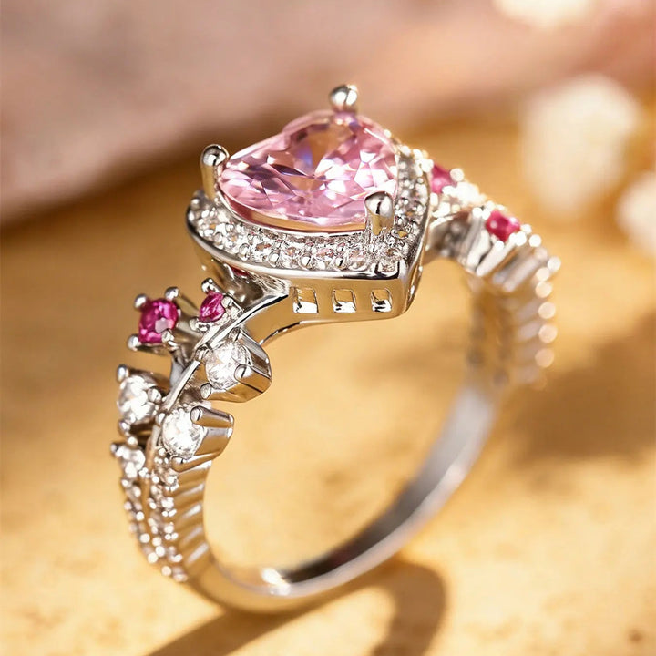 Pink Heart Zircon Floral Vine Ring