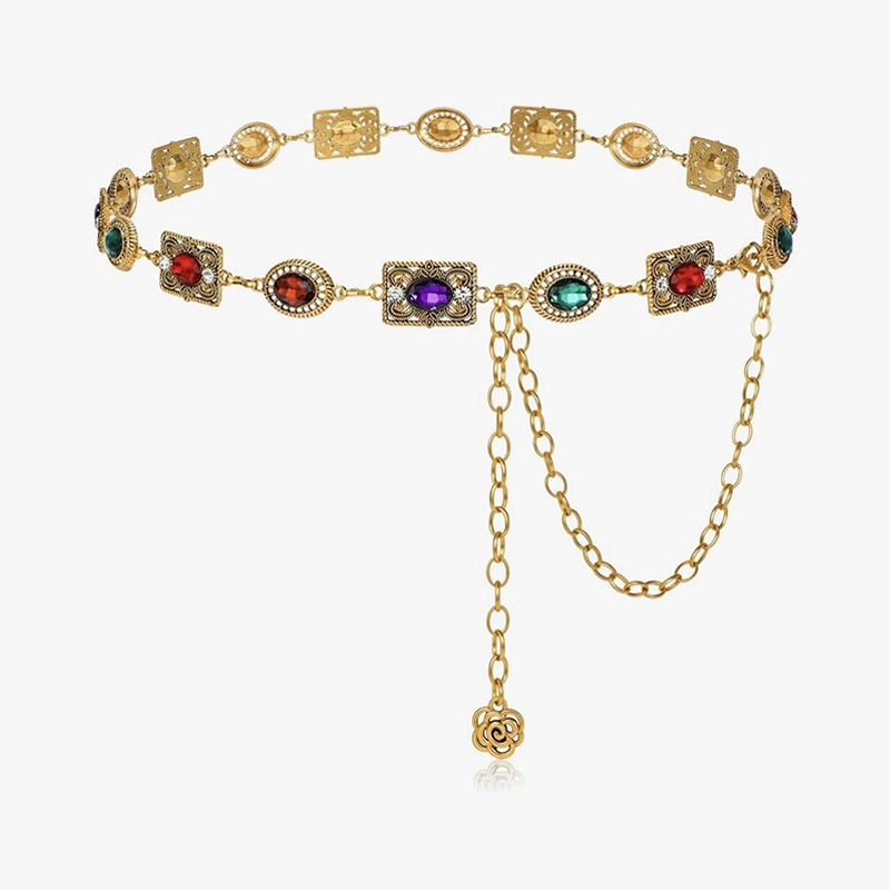 Multicolor Zircon Carved Metal Tassel Waist Chain Belt