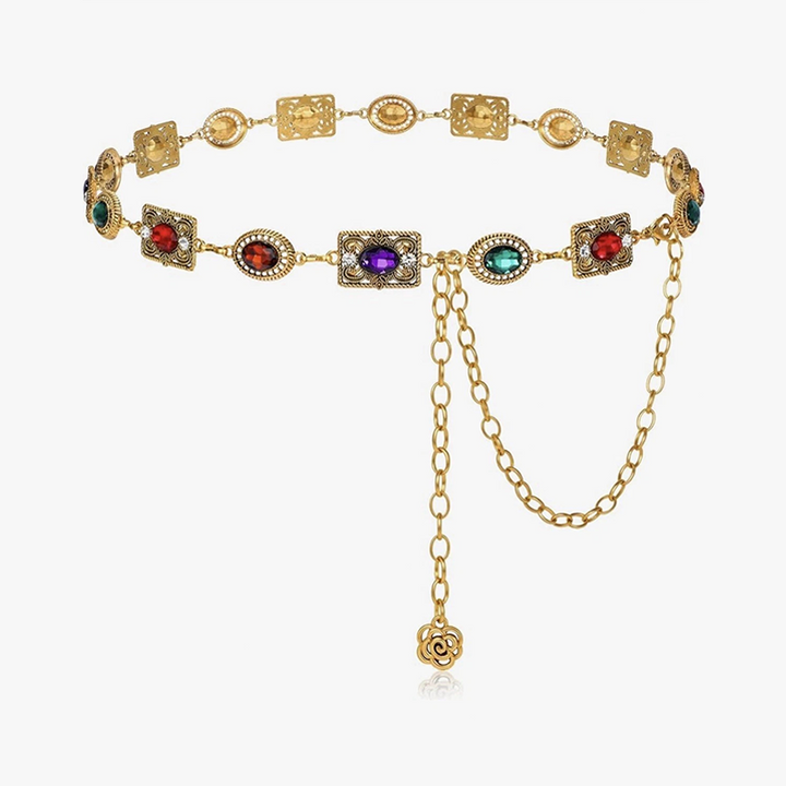 Multicolor Zircon Carved Metal Tassel Waist Chain Belt