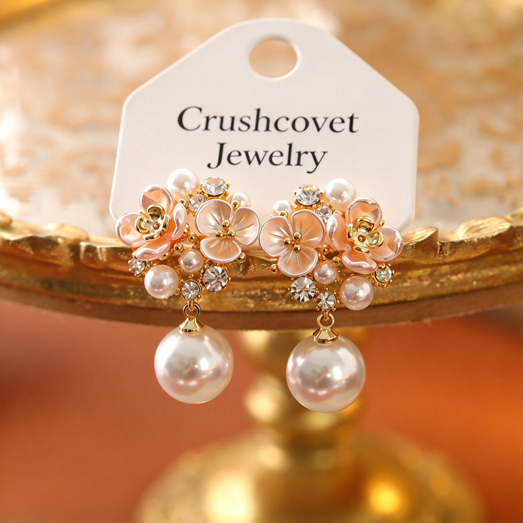 Cluster Flower Pearl Dangle Drop Earrings