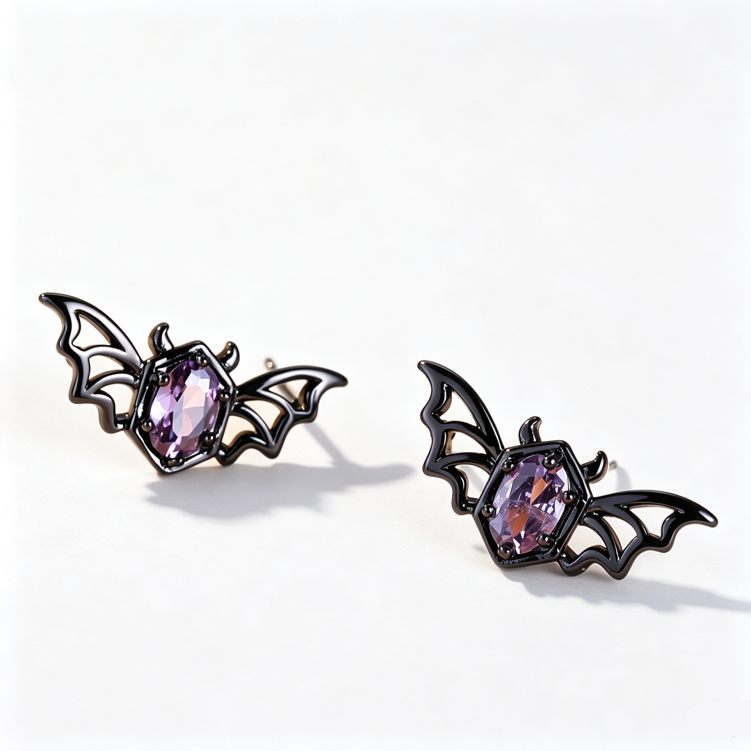 Purple Zircon Bat Halloween Earrings
