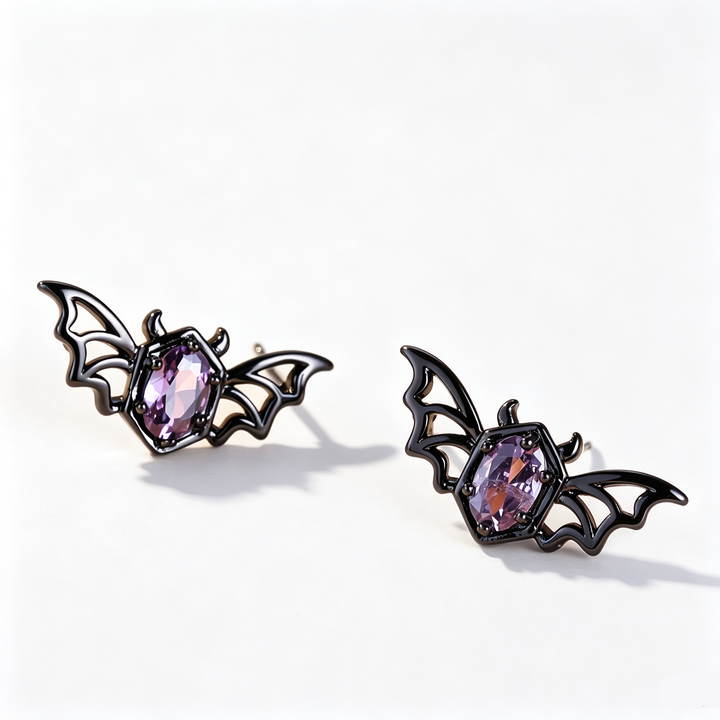Purple Zircon Bat Halloween Earrings
