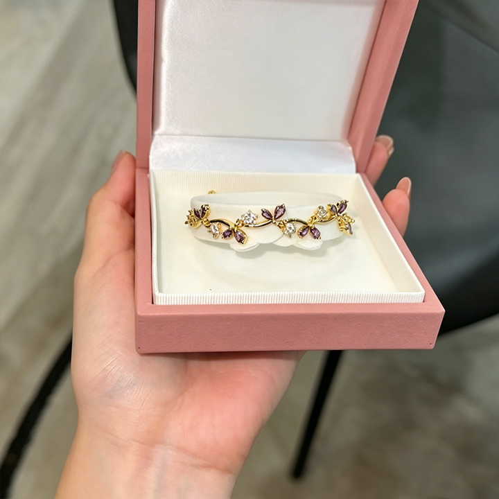Leaf Floral Colored Zircon Adjustable Gold Bracelet