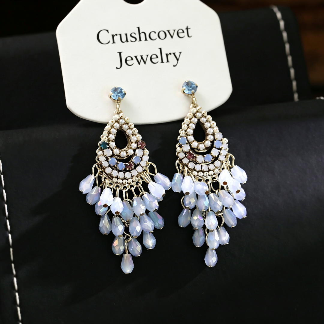 Blue Beaded Tassel Drop Earrings