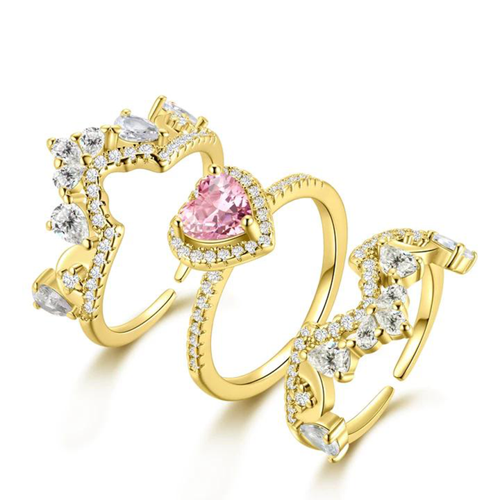 Luxurious Pink Heart Crown Ring Set