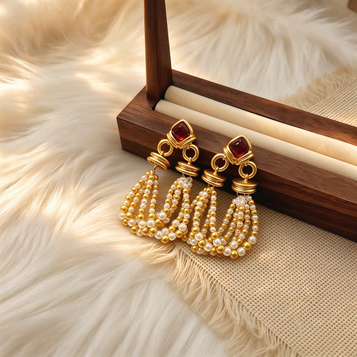Pearl Beaded Tassel Statement Earrings