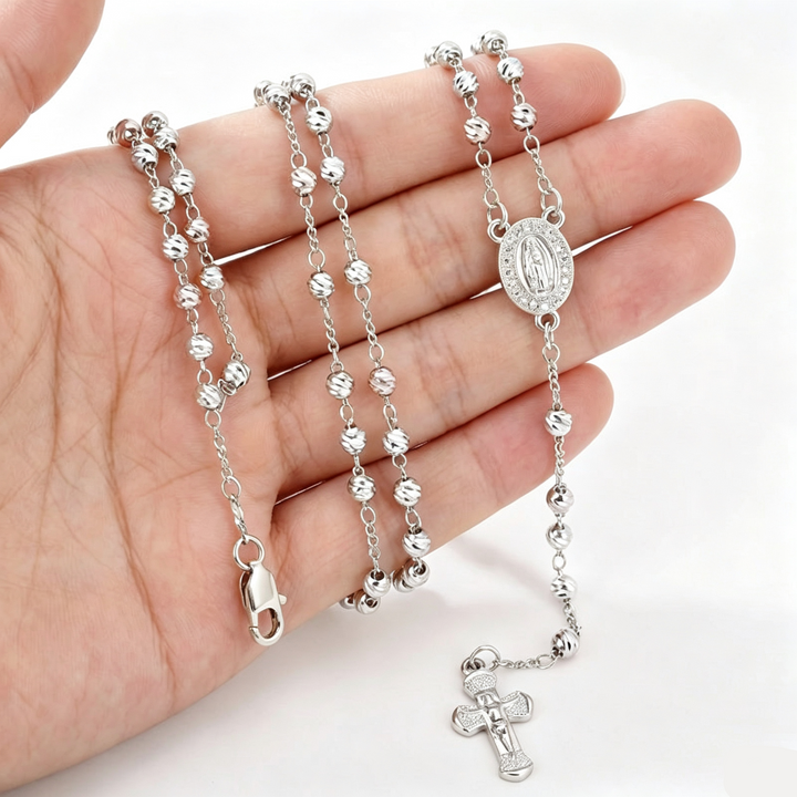 Silver Virgin Mary Rosary Cross Necklace