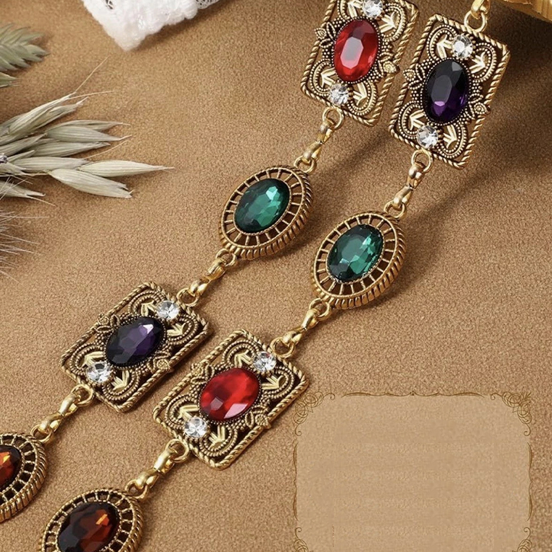 Multicolor Zircon Carved Metal Tassel Waist Chain Belt