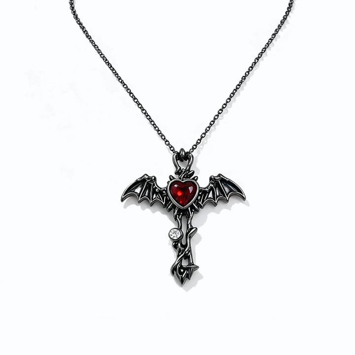 Dark Style Bat Wing Cross Heart Necklace
