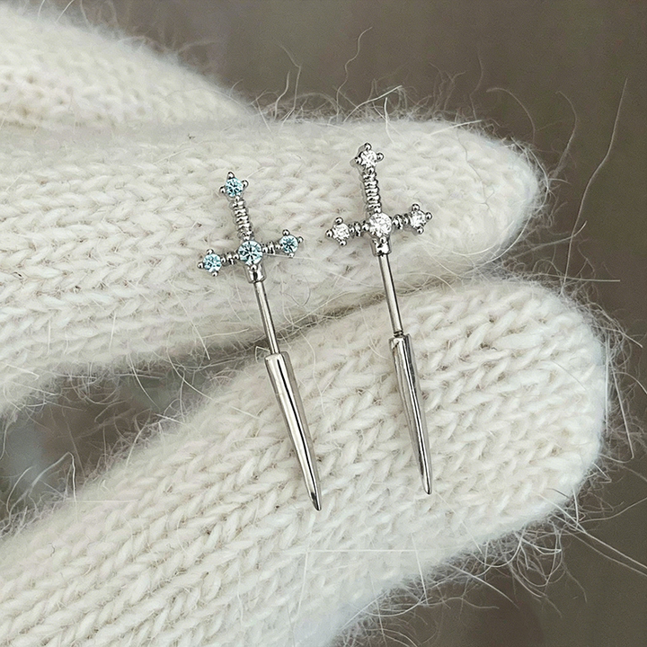 Sword Cross Zircon Thin Bar Cartilage Stud Earrings