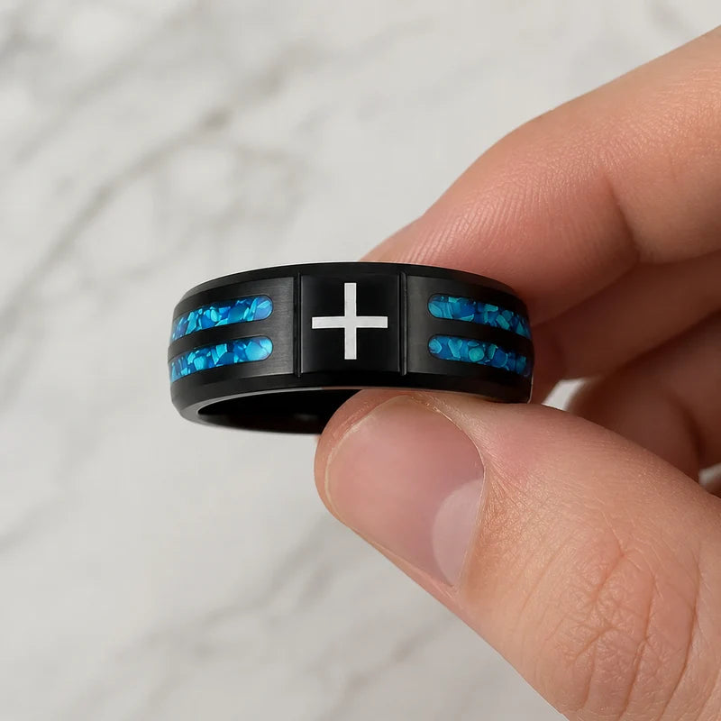 Men Cross Blue Shard Inlay Black Band Ring