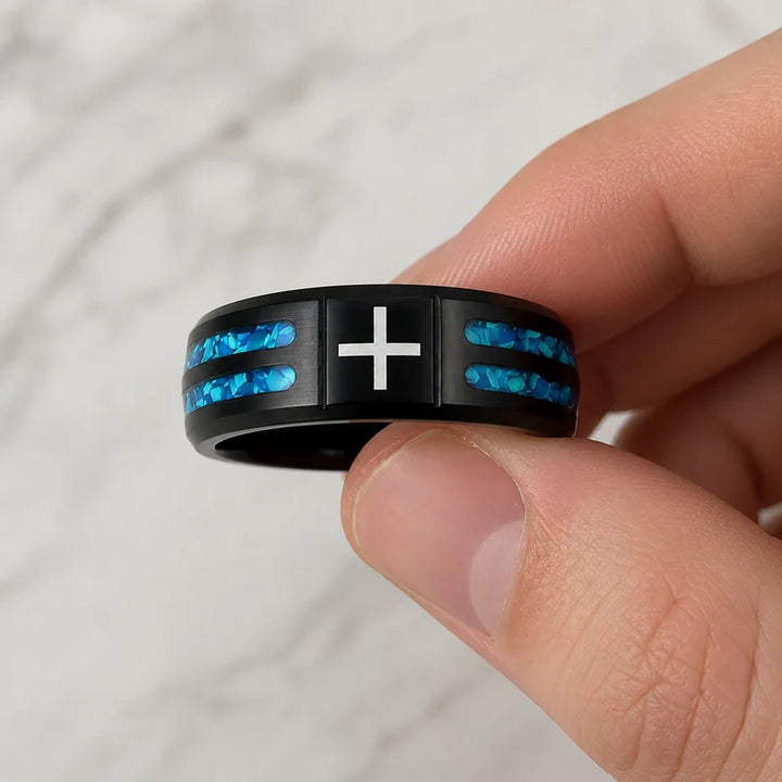 Men Cross Blue Shard Inlay Black Band Ring